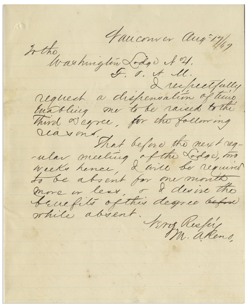 Marcus Reno 1867 Autograph Letter Signed from Fort Vancouver -- ''...I respectfully request...to be raised to the [Masonic] Third Degree...''